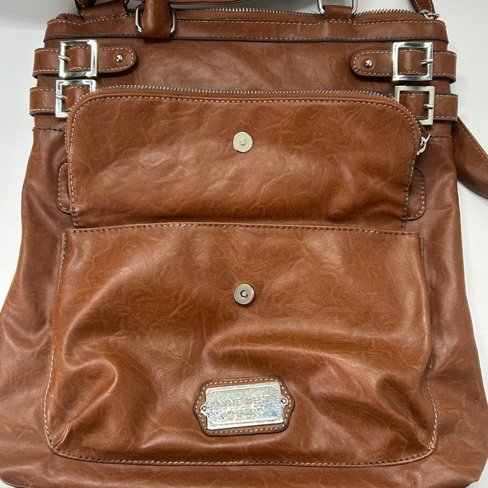 Nine West Brown Crossbody Bag Studs Zippers & Buckles Double Handle Purse - Picture 6 of 16